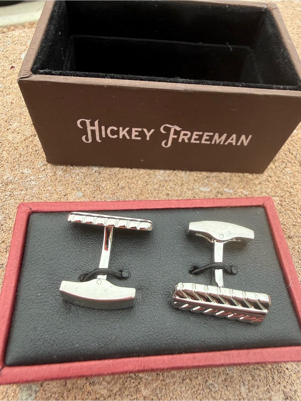 Hickey Freeman Silver Cufflinks Diagonal Stripe w/ Original Box